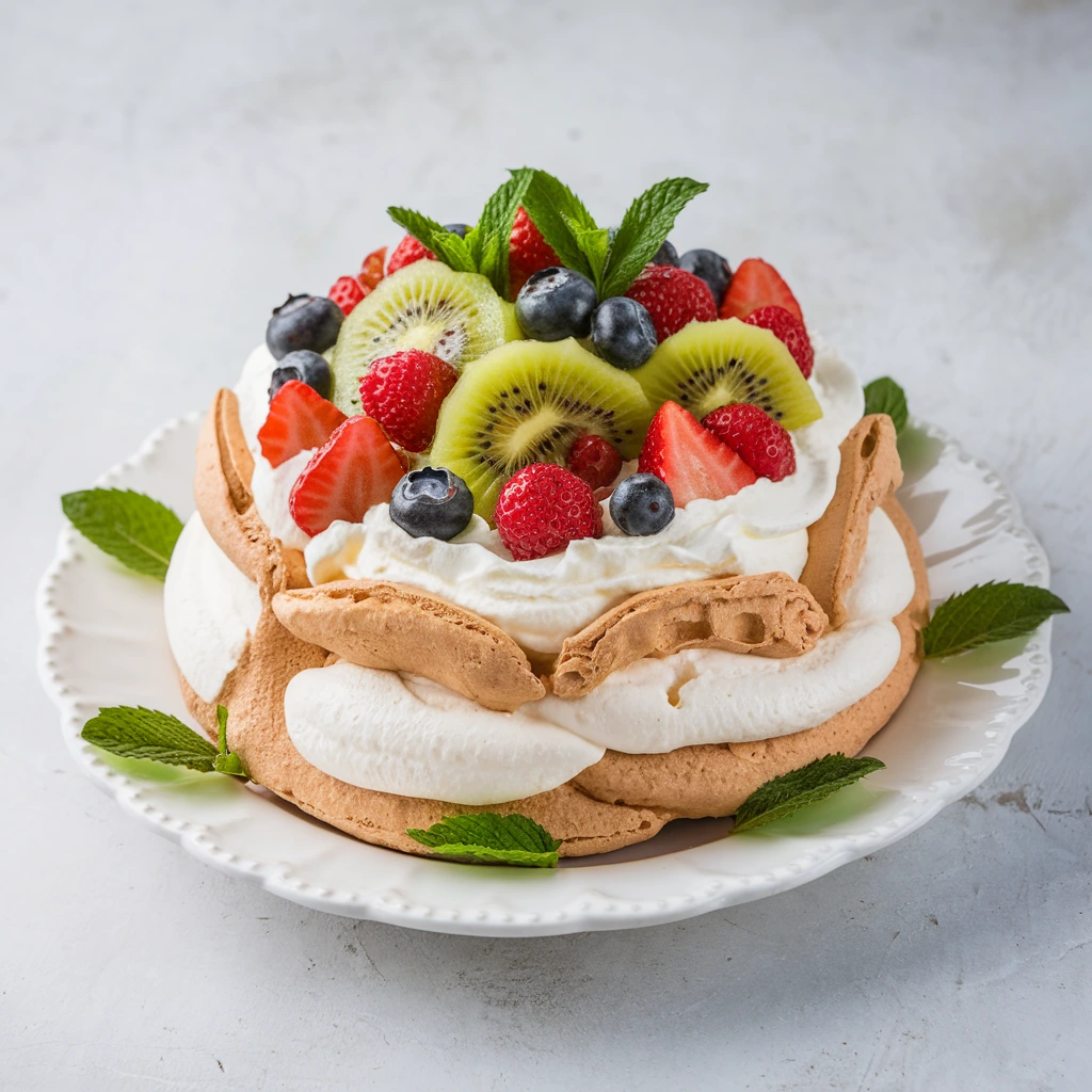 Pavlova recette avec meringue dorée et fruits frais comme les fraises et les kiwis