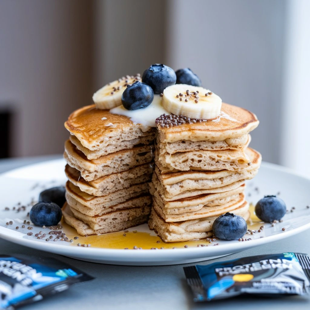 Pancakes protéinés garnis de fruits frais et de sirop d’érable