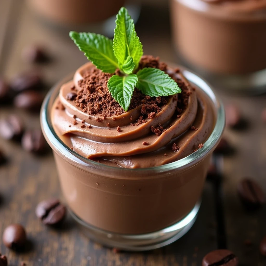 Mousse au chocolat à l’ancienne servie dans une verrine avec copeaux de chocolat noir.