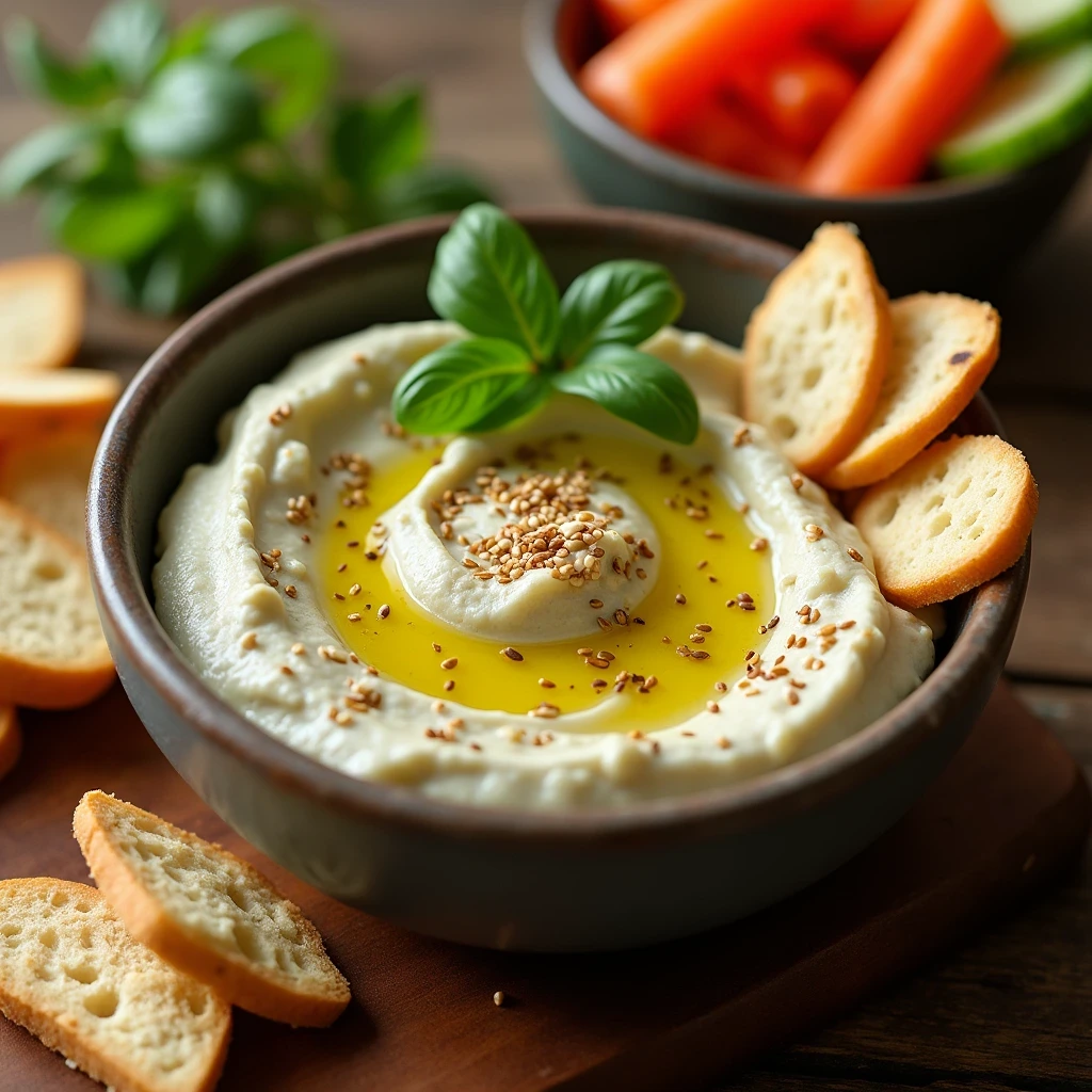 Bol de caviar d'aubergine crémeux garni de graines de sésame et basilic frais
