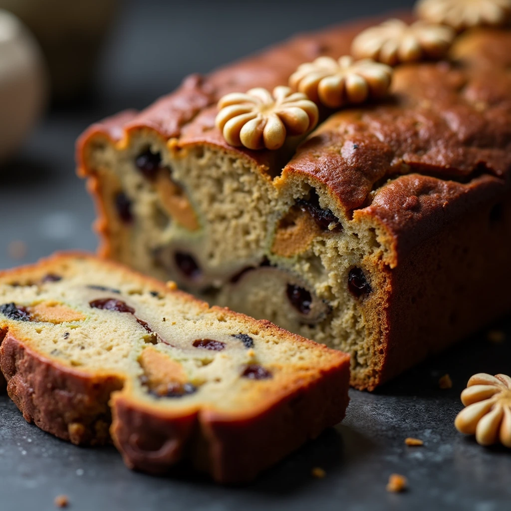 Gâteau aux noix coupé montrant une texture moelleuse