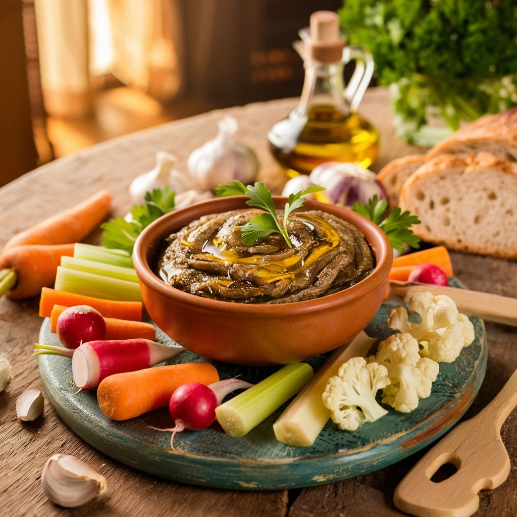 Bol d'anchoïade maison entouré de légumes croquants et de pain grillé