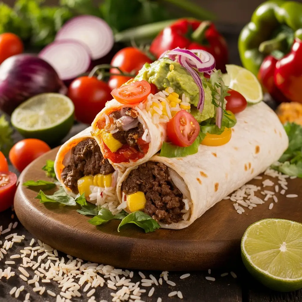 Burrito maison garni de viande, riz, haricots et légumes, prêt à être dégusté