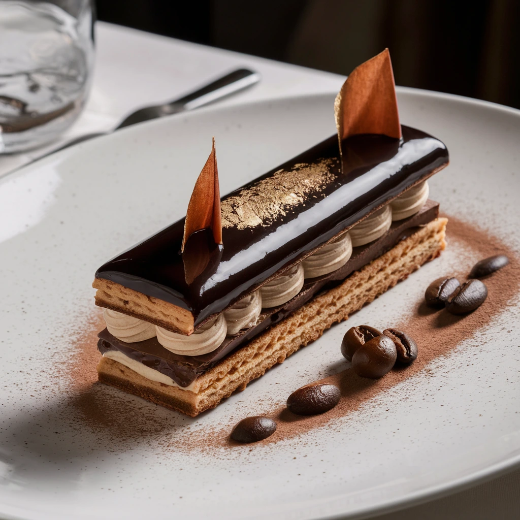 Gâteau Opéra avec glaçage miroir brillant et couches parfaites