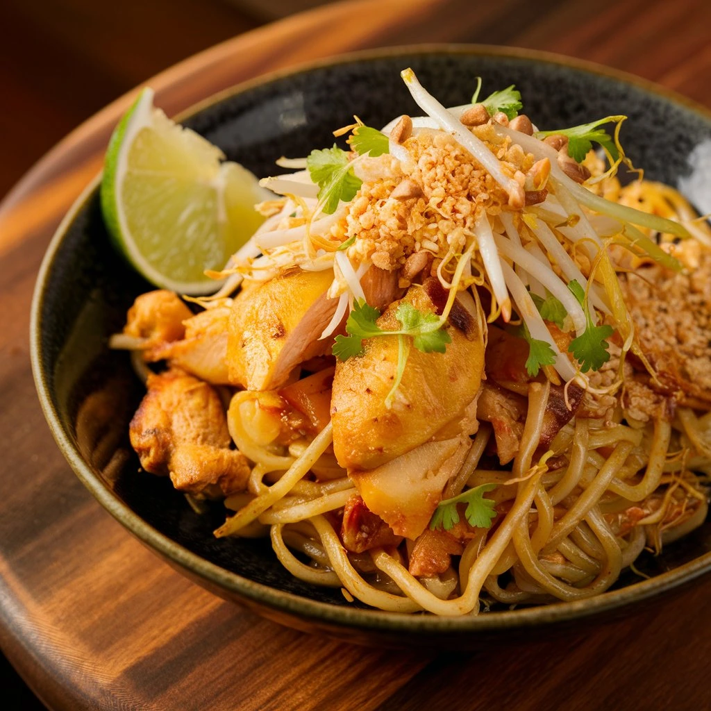 Pad Thaï au poulet servi dans une assiette blanche avec des quartiers de citron vert