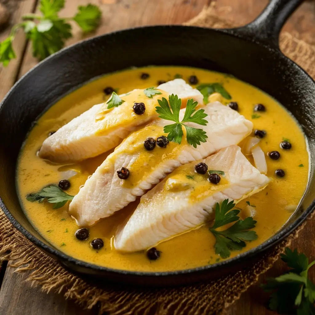 Plat de roussette mijotée avec des légumes frais et des herbes aromatiques
