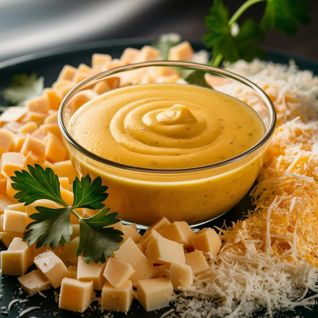 Bol de sauce fromagère crémeuse avec des morceaux de fromage sur une table sombre.