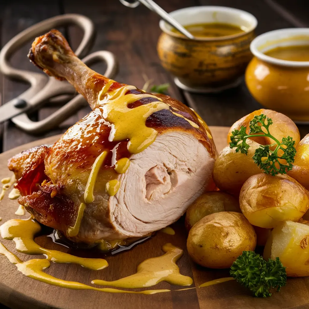 Cuisse de dinde rôtie dorée au four avec légumes