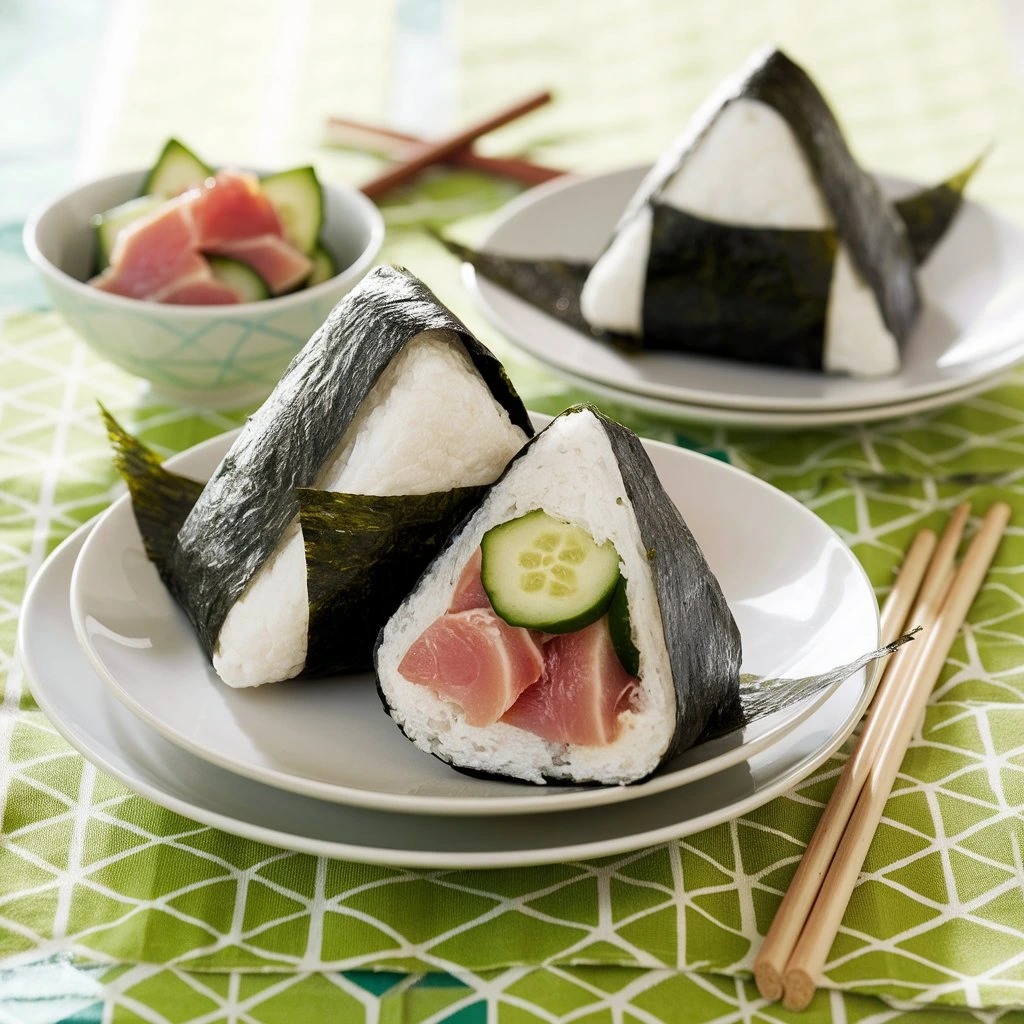 Photo d'onigiri faits maison avec garnitures traditionnelles comme le saumon et le thon