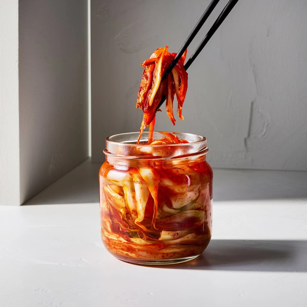 Bocal de kimchi fait maison avec du chou chinois et des épices