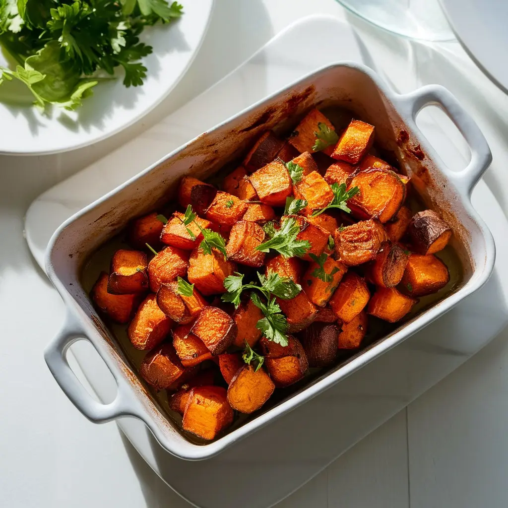 Quartiers de patates douces croustillants et dorés, accompagnés de sauce.