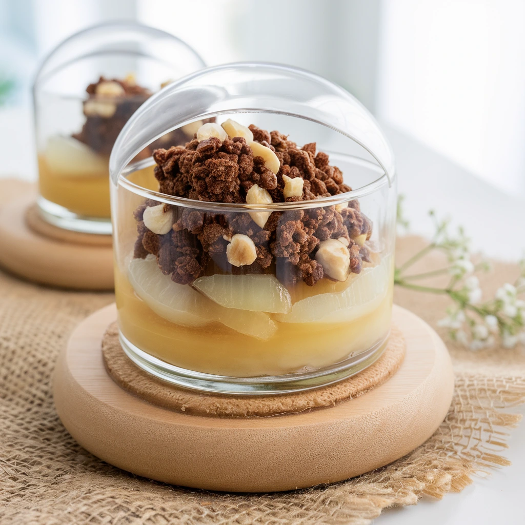 Un crumble poire chocolat doré et croustillant servi dans un plat blanc.