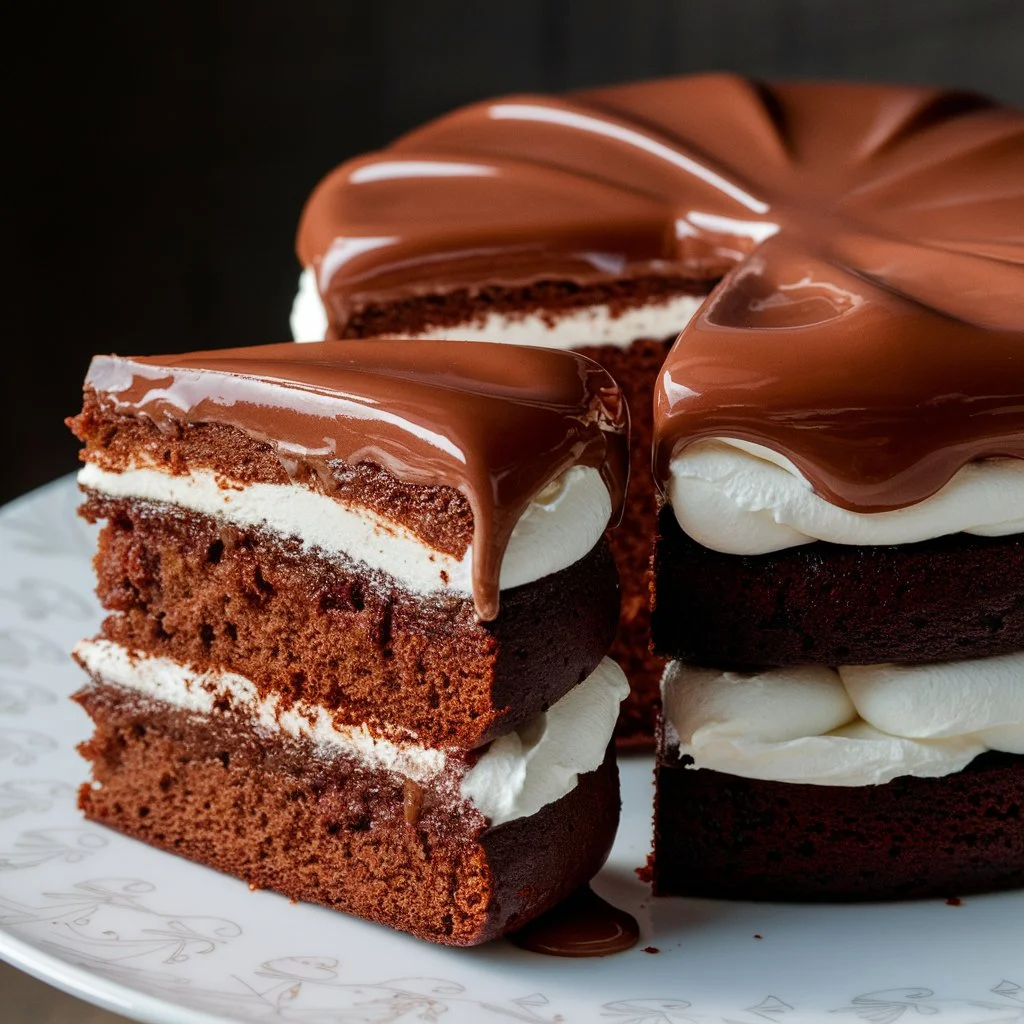 Photo d'un gâteau qui pleure avec une ganache au chocolat fondante, coulant sur un gâteau moelleux.