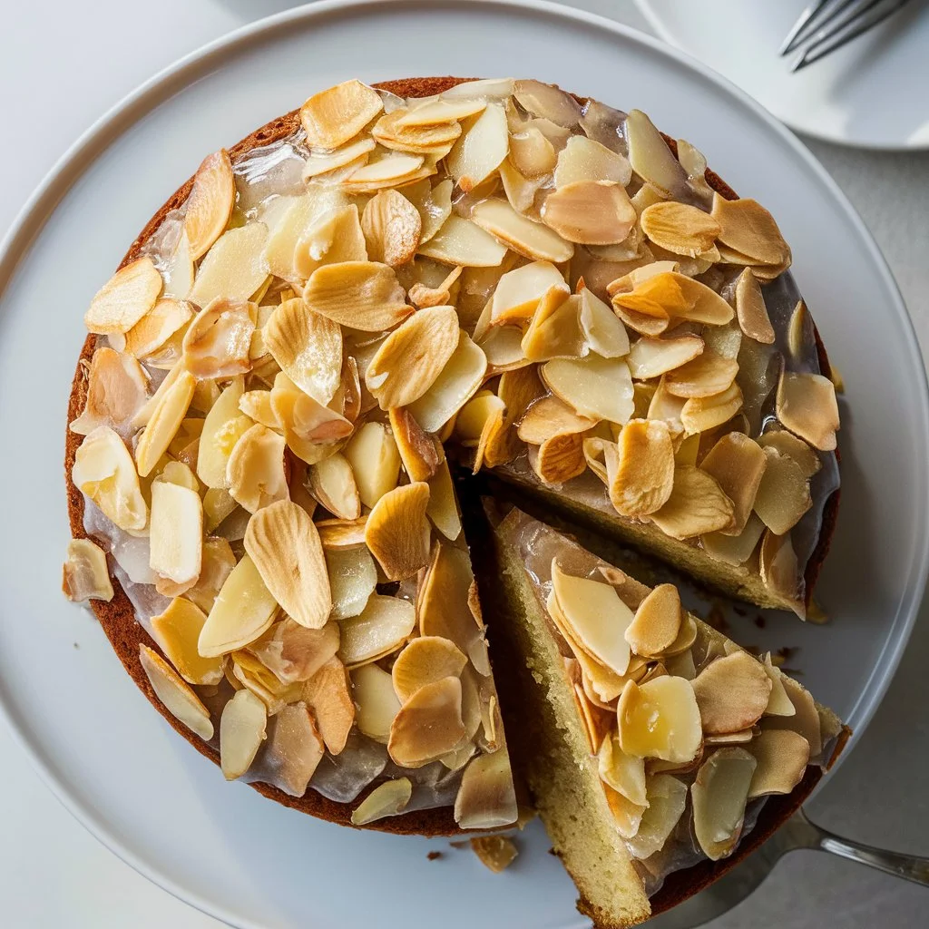 Gâteau aux amandes doré avec amandes effilées et décor raffiné