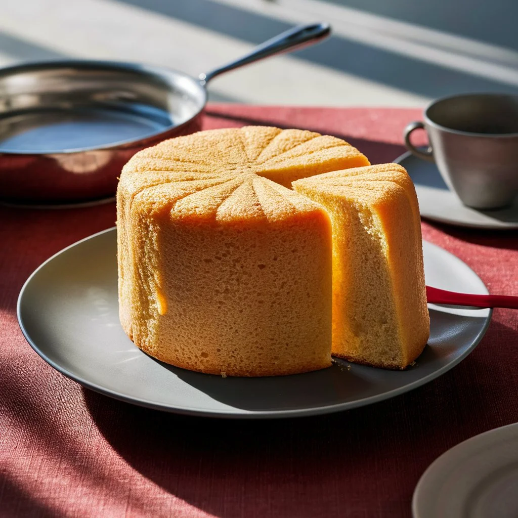 Photo d’un gâteau battu doré et moelleux sur une planche en bois.