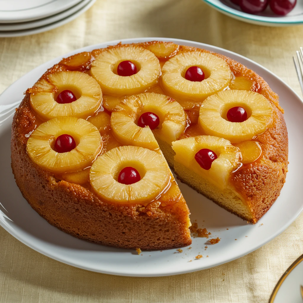 Gâteau renversé à l’ananas avec des tranches dorées caramélisées sur un plat de service.